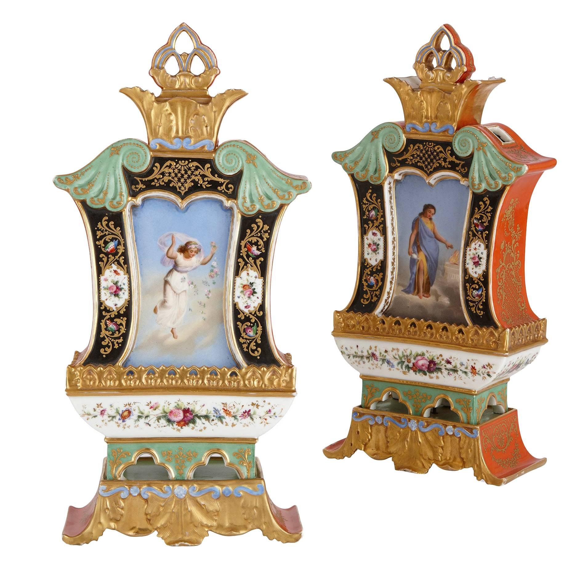 Pair of French Porcelain and Parcel Gilt Antique Vases