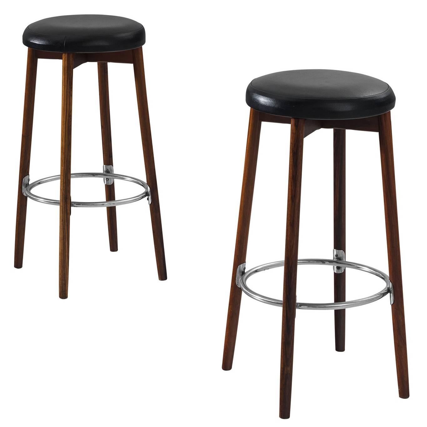 Two Bar Stools in Faux Leather and Rosewood