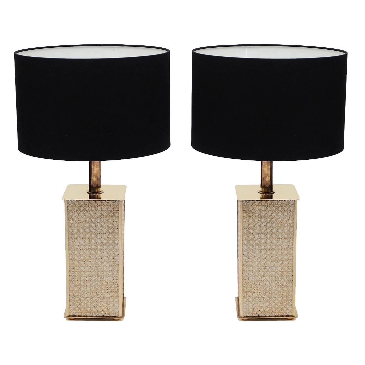 Pair Of 1970S Table Lamps In Black Plexiglas And Brass Pair Of 1970S Table Lamps In Black Plexiglas And Brass
