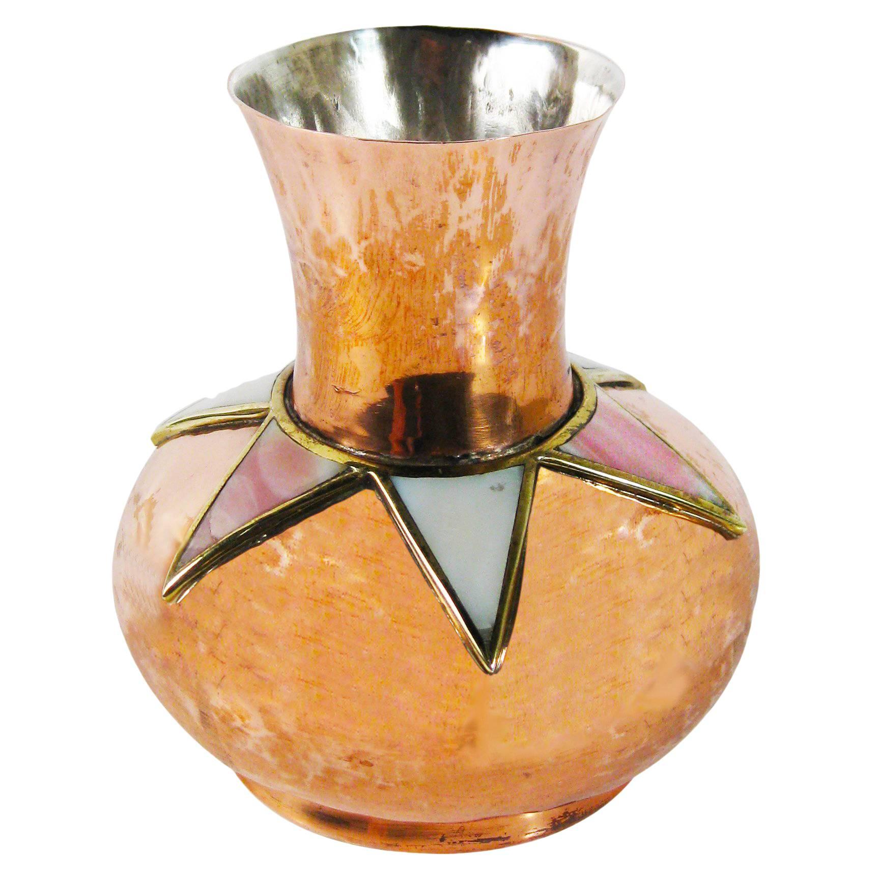 Vase of Copper, Brass and Quartz, Los Castillo Taxco, Mexico, circa 1970 For Sale