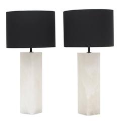 Pair of 1960s White Onyx Italian Column Table Lamps