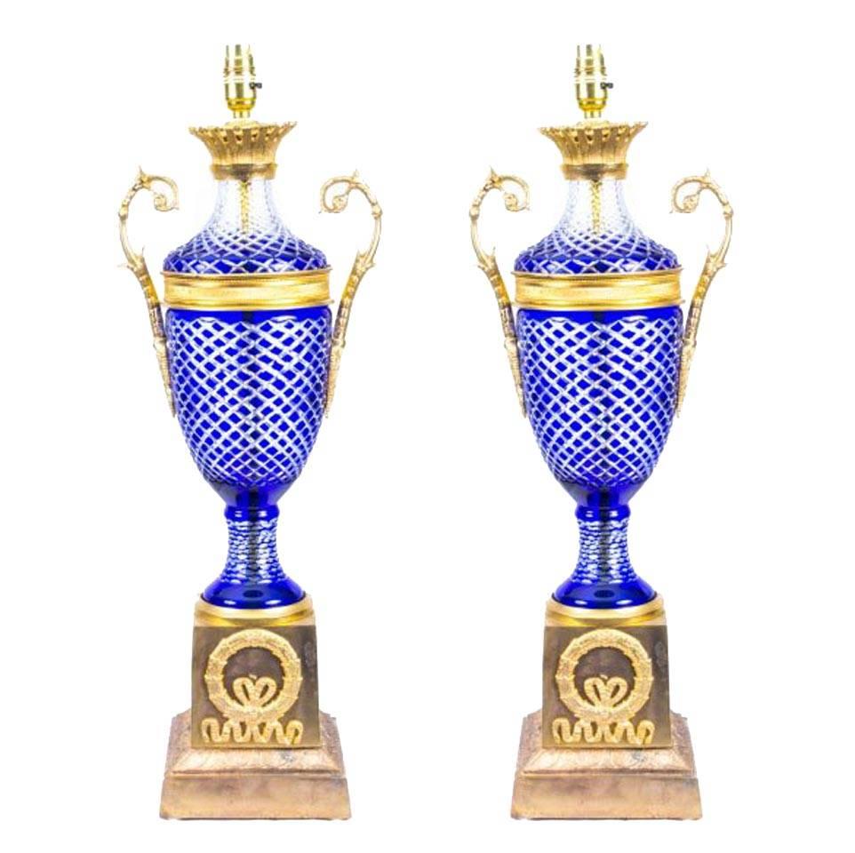 Pair of Blue Cut-Glass and Ormolu Empire Style Lamps Wired