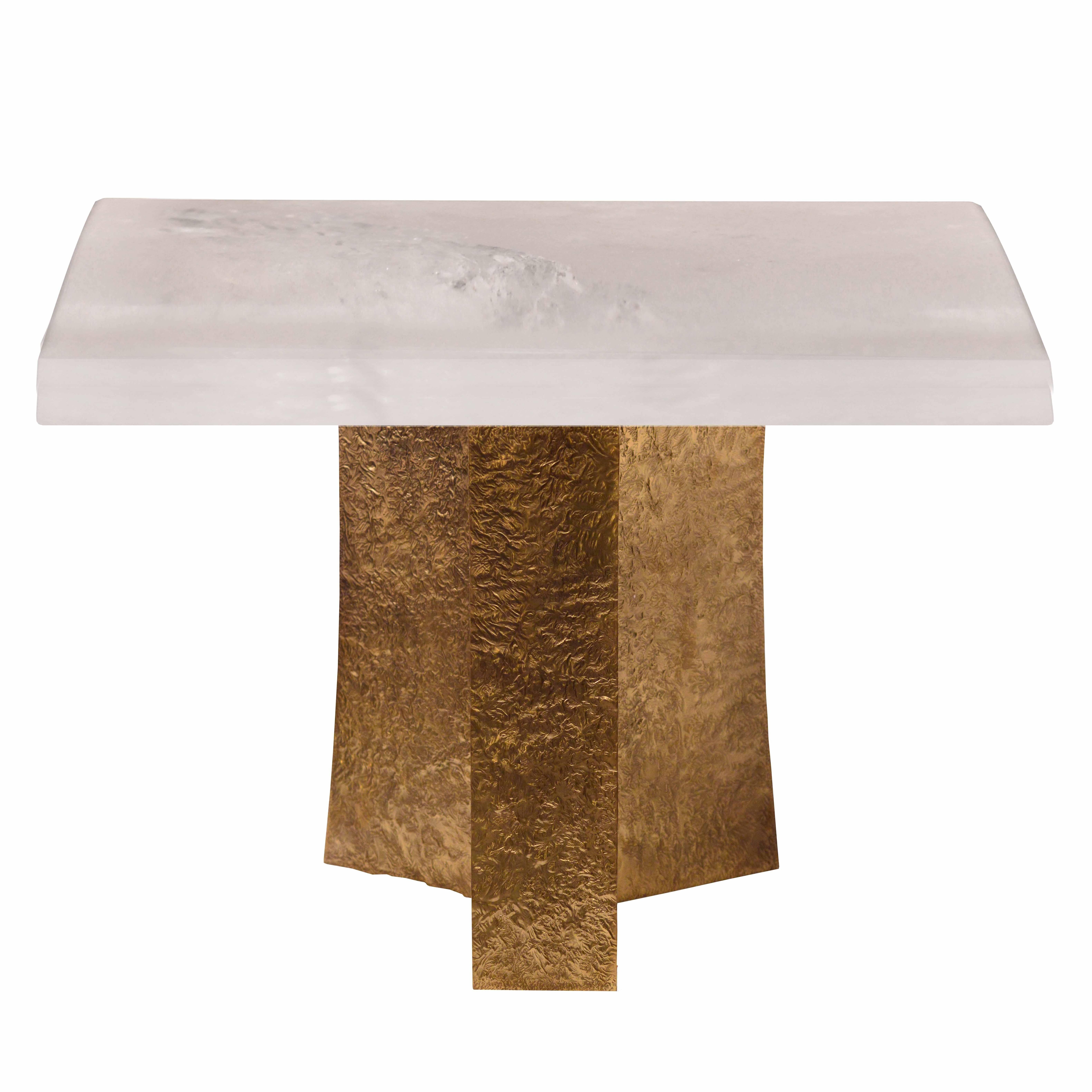 Pair of rock crystal quartz table with hammered polish brass finish metal bases , created by Phoenix Gallery. 

