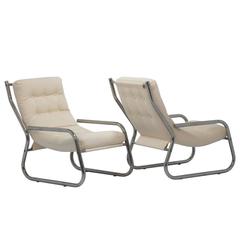 Mid-Century Sling Lounge Chairs Pair in Tubular Chrome with New Fabric