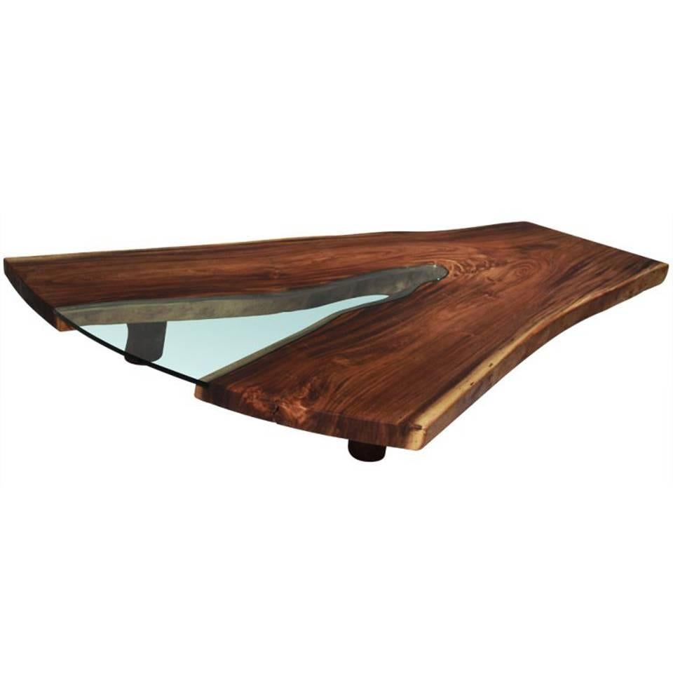 Massive Live Edge Solid Tamboril Slab and Glass Coffee Table For Sale