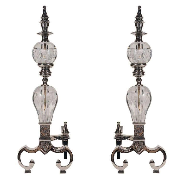 Pair of Art Deco Polished Nickel and Glass Andirons