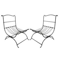 Important Pair of Hammered Iron and Chain Lounge Chairs by Jean-Charles Moreux 4