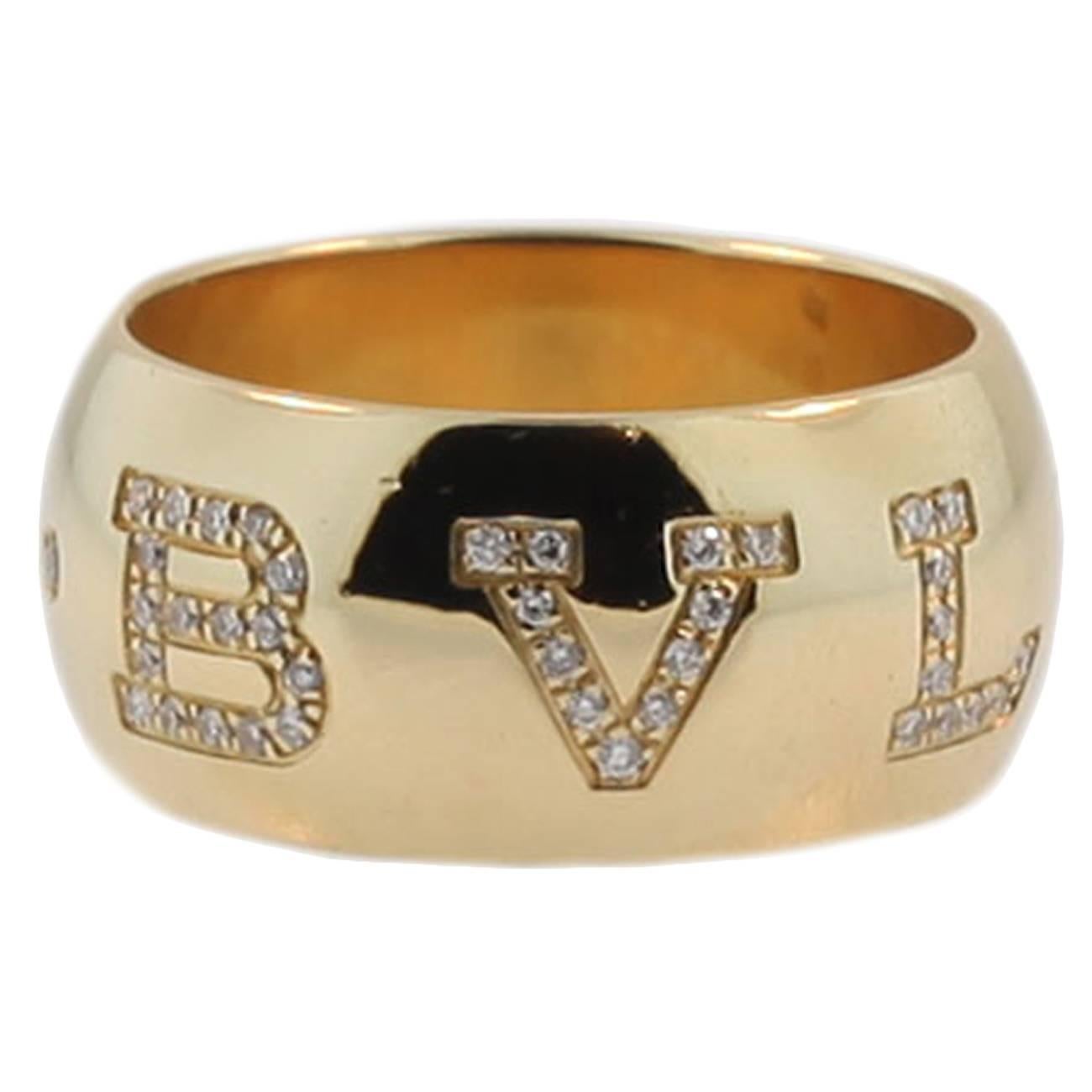 Bvlgari Signature Diamond Gold Band Ring For Sale
