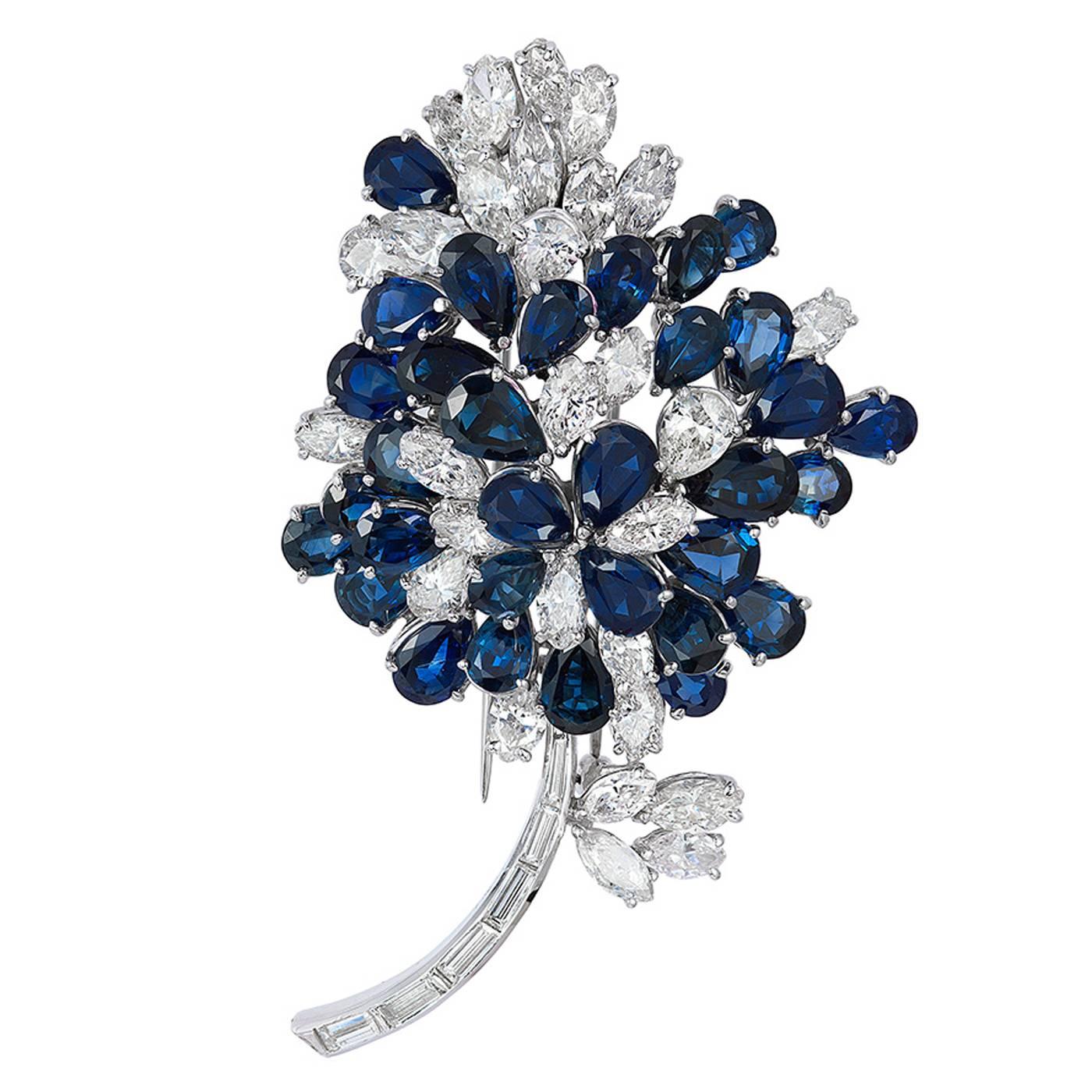 Sapphire Diamond Platinum Flower Brooch For Sale