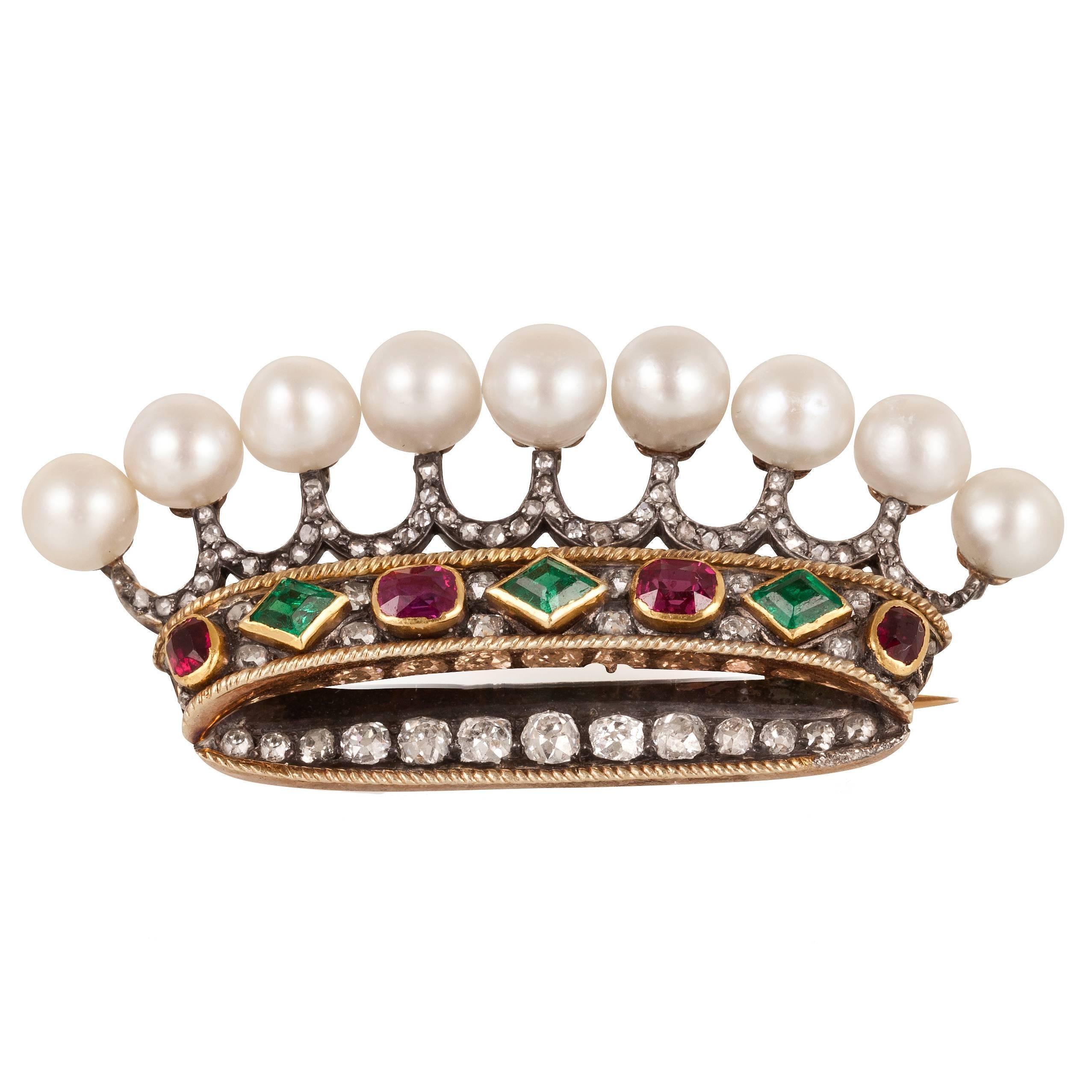 Natural Pearl Emerald Ruby Diamond Gold Crown Brooch For Sale