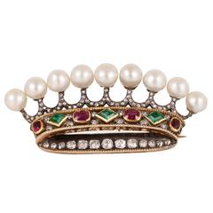 Natural Pearl Emerald Ruby Diamond Gold Crown Pin 11