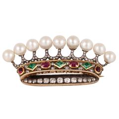 Antique Natural Pearl Emerald Ruby Diamond Gold Crown Brooch