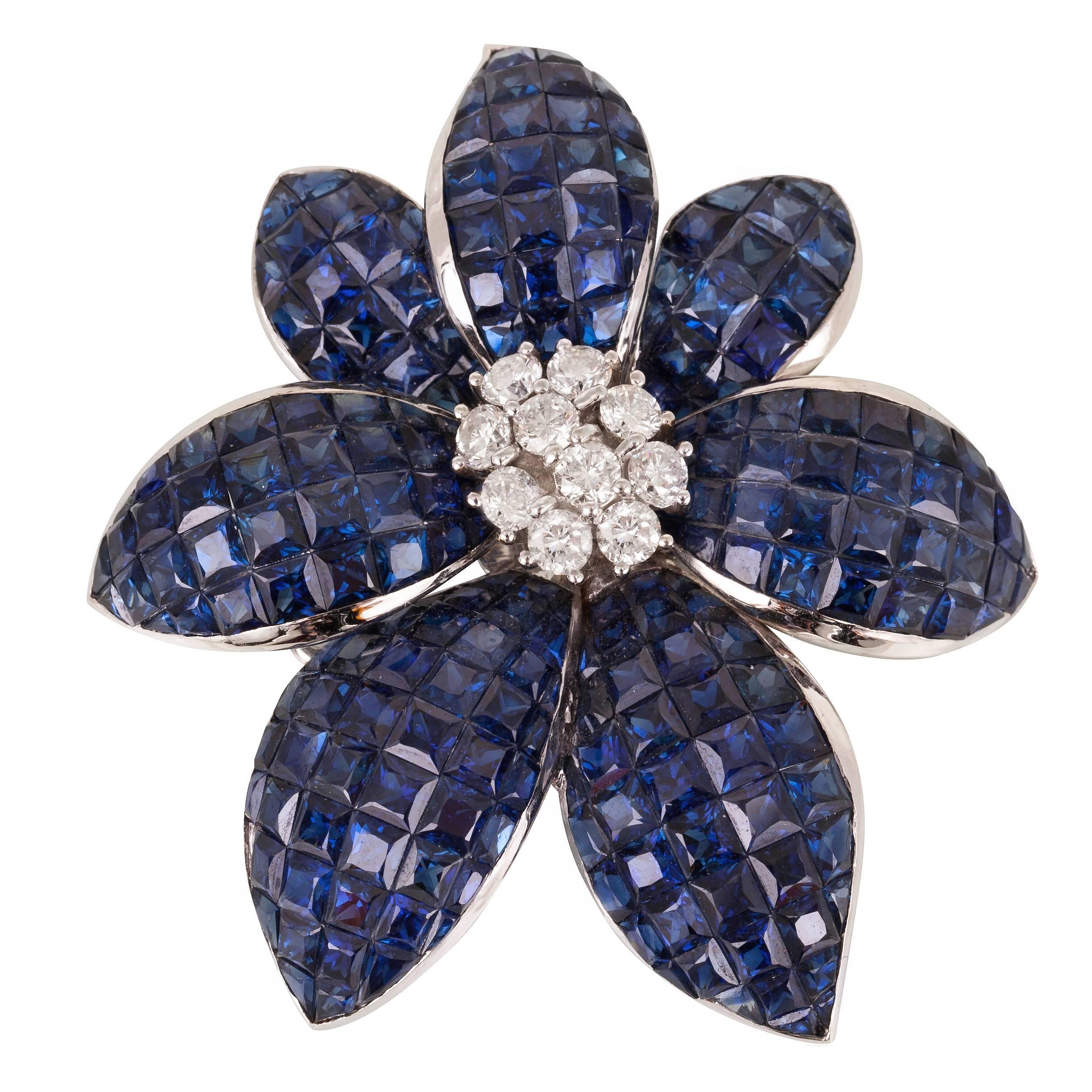 Invisibly Set Sapphire Diamond Flower Brooch For Sale