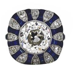 Art Deco Style 5.70 Carat GIA Cert Old European Cut Diamond Sapphire Ring 10