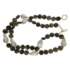 Labradorite Disk Freshwater Pearl Gold Necklace 3