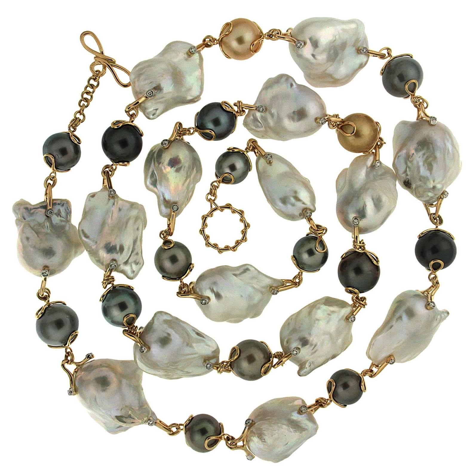 Baroque Freshwater Pearl Round Tahitian Pearl Diamond Gold Necklace