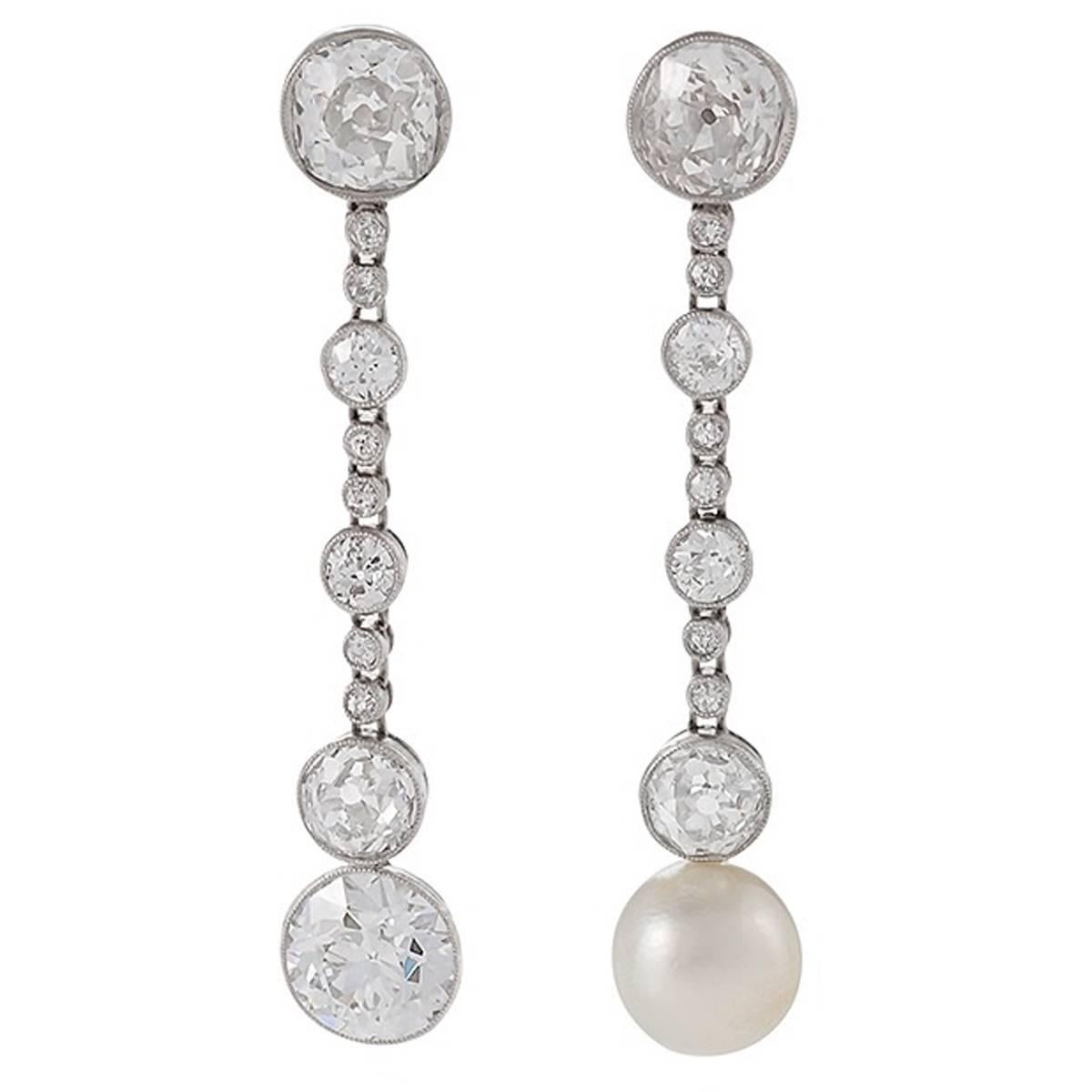 Art Deco Diamond, Natural Pearl and Platinum Earring