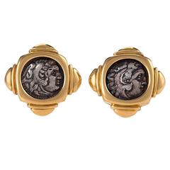 Used Bulgari Ancient Coin and Gold Earrings