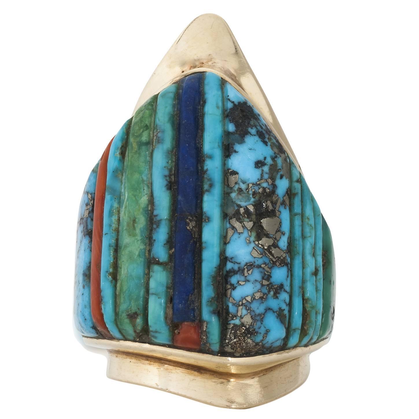 Charles Loloma Inlaid Turquoise Gold Ring