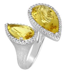 Pear Shaped Golden Beryl Bypass Ring With Diamonds in 18K White Gold