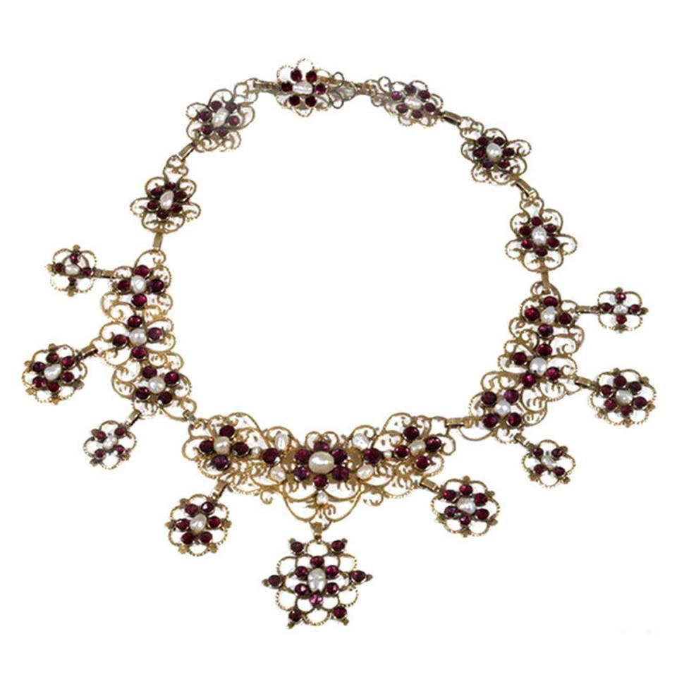 Antique 18th Century Pearl Garnet Gold Necklace 