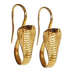 18K Gold Cobra Earrings with Sapphire Eyes
