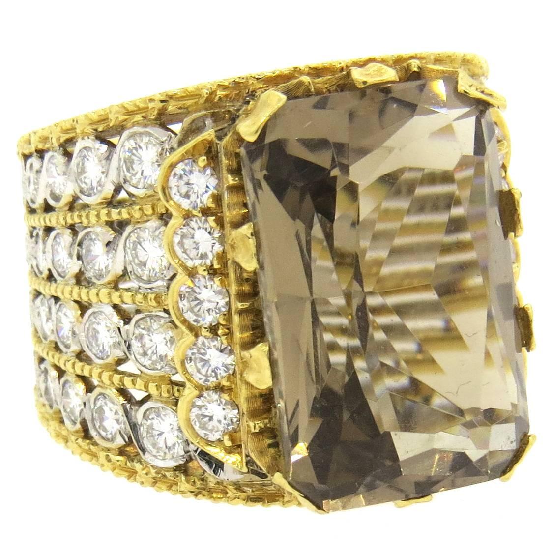 Buccellati Impressive Smokey Topaz Diamond Gold Ring  For Sale