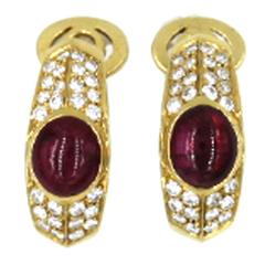 Fred Paris Cabochon Ruby Diamond Gold Earrings 