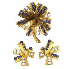 Boucheron sapphire Diamond gold Earring and Pin Set