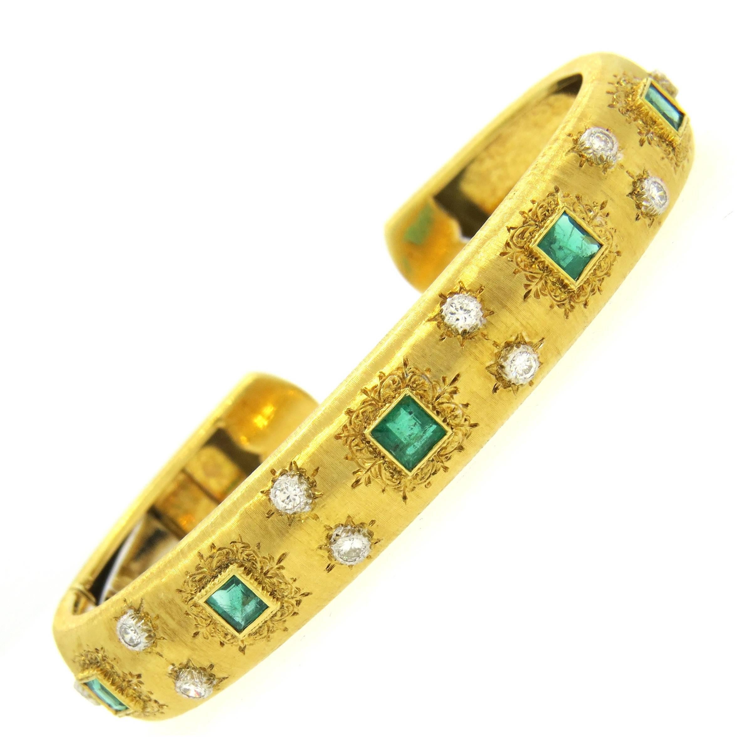 Buccellati Emerald Diamond Gold Cuff Bracelet  For Sale