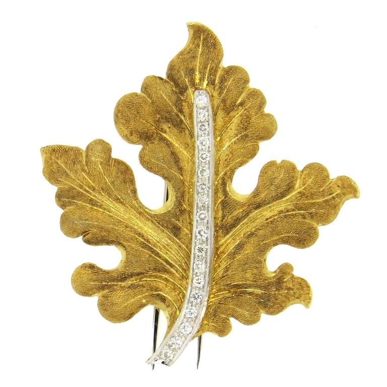 Buccellati Diamond Gold Leaf Brooch Pin For Sale at 1stdibs