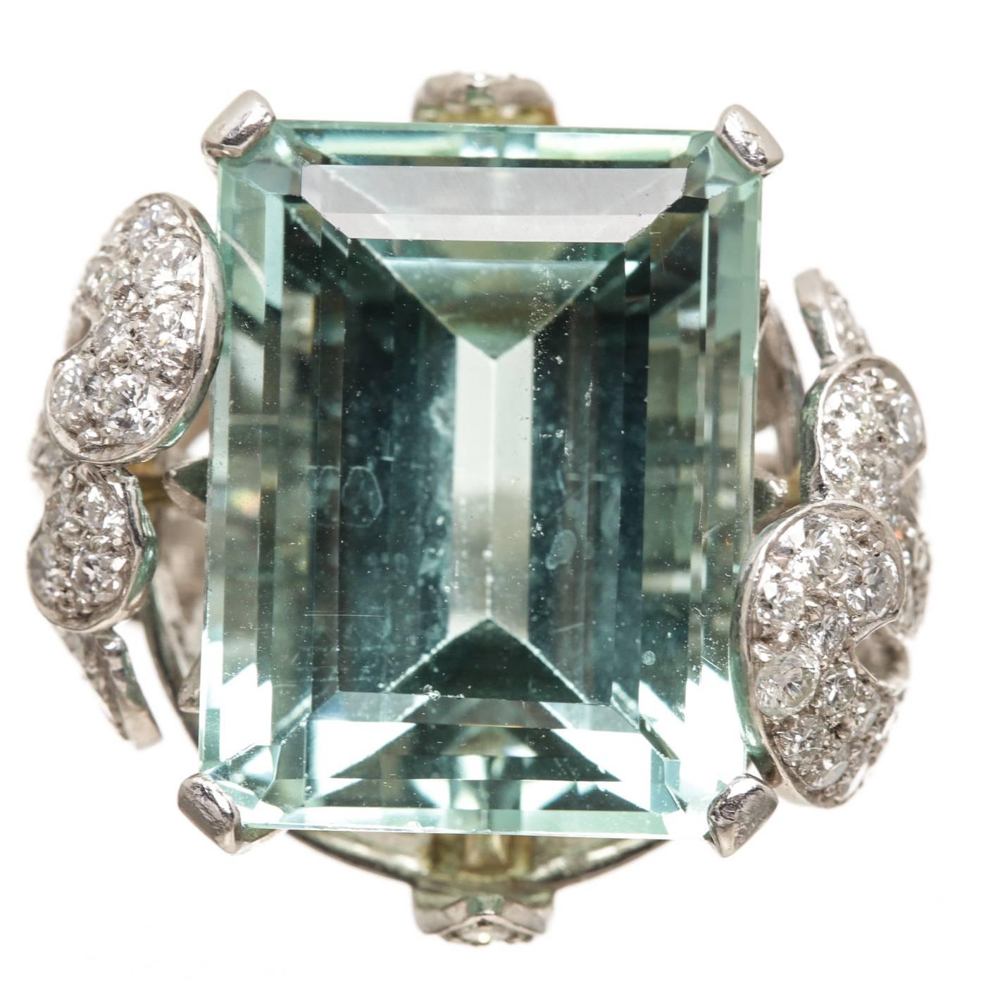 Aquamarine diamond Platinum cocktail Ring For Sale