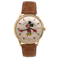 Retro Elgin Yellow Gold Stainless Steel Mickey Mouse Wristwatch 