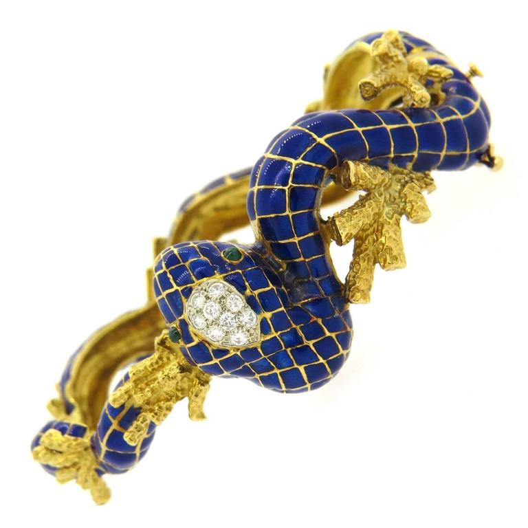 1960s Enamel Diamond Gold Snake Bracelet For Sale at 1stdibs