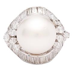 Vintage 1960s South Sea Pearl diamond platinum Cocktail Ring