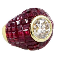 1980s Invisibly Set Ruby Diamond Gold cocktail Ring