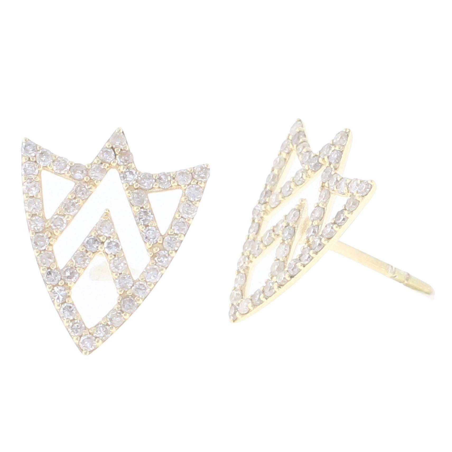 Chevron Shield Yellow Gold and White Diamonds Stud Earrings For Sale