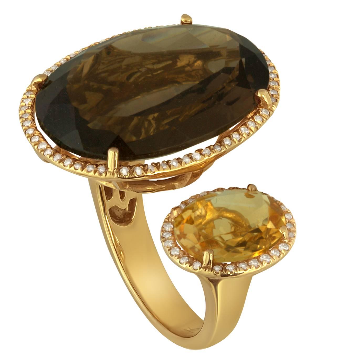 19.75 Carats Smoky Quartz and Citrine Diamonds Gold Ring