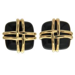 Black Jade Gold Square Earrings With Woven Wires 