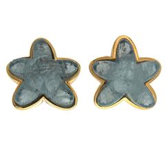 Hand Carved Aquamarine Gold Starfish Earrings  