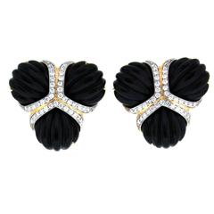 Black Jade & Diamonds Fan Earrings