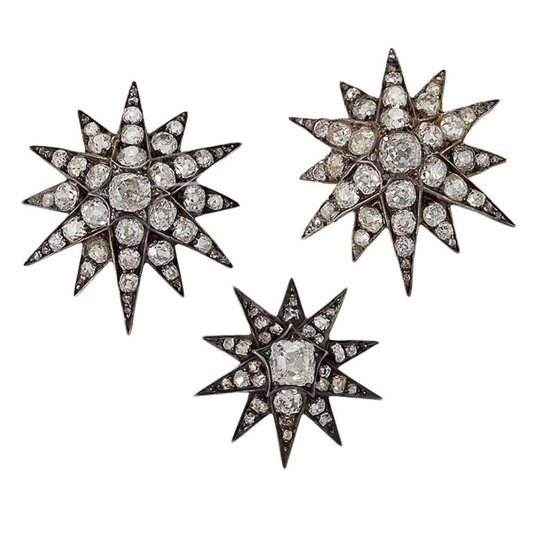 Antique Set of 3 Diamond Silver Top Gold Star Brooches For Sale