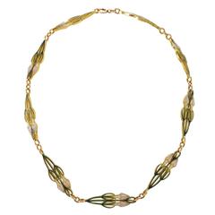 René Lalique French Art Nouveau Plique-à-Jour  Enamel and Gold Necklace