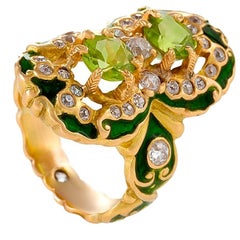 Marcus & Company Art Nouveau Peridot, Diamond, Gold and Enamel Ring