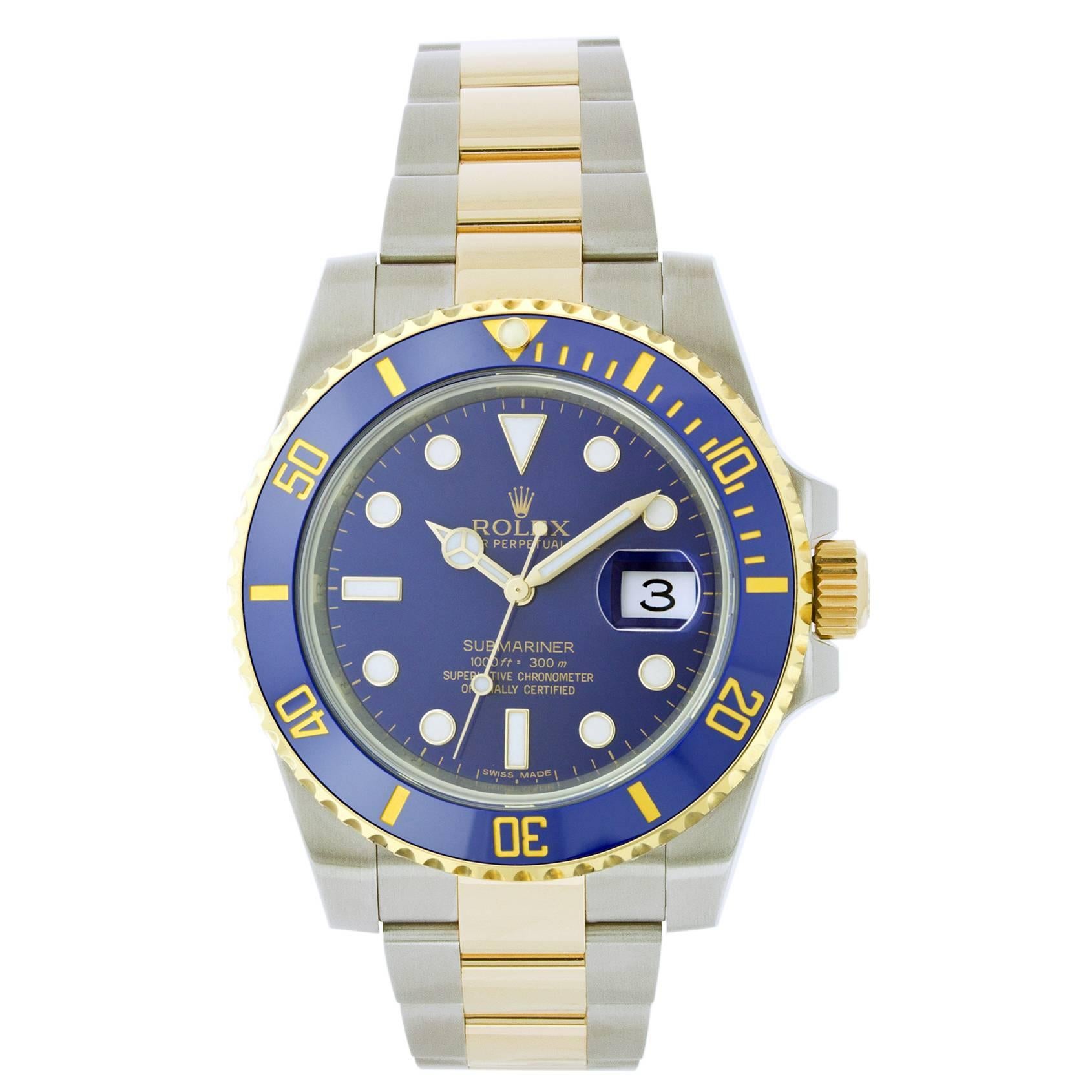 Rolex Yellow Gold Stainless Steel Submariner Blue Ceramic Wristwatch Ref 116613 For Sale
