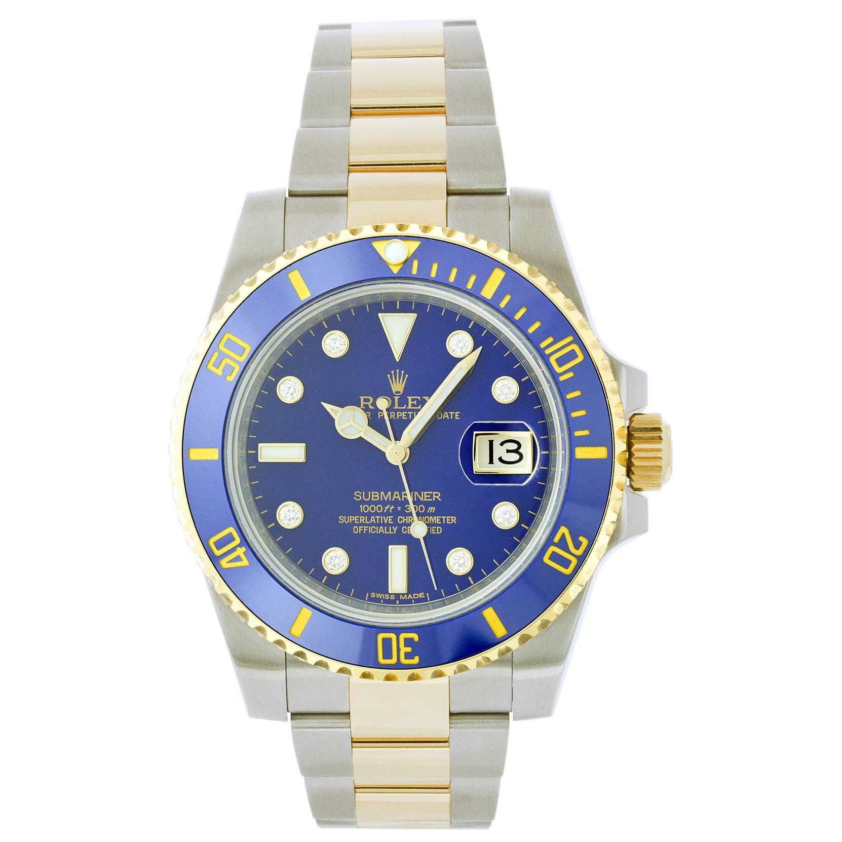 Rolex Yellow Gold Stainless Steel Diamond Submariner Wristwatch Ref 116613 For Sale