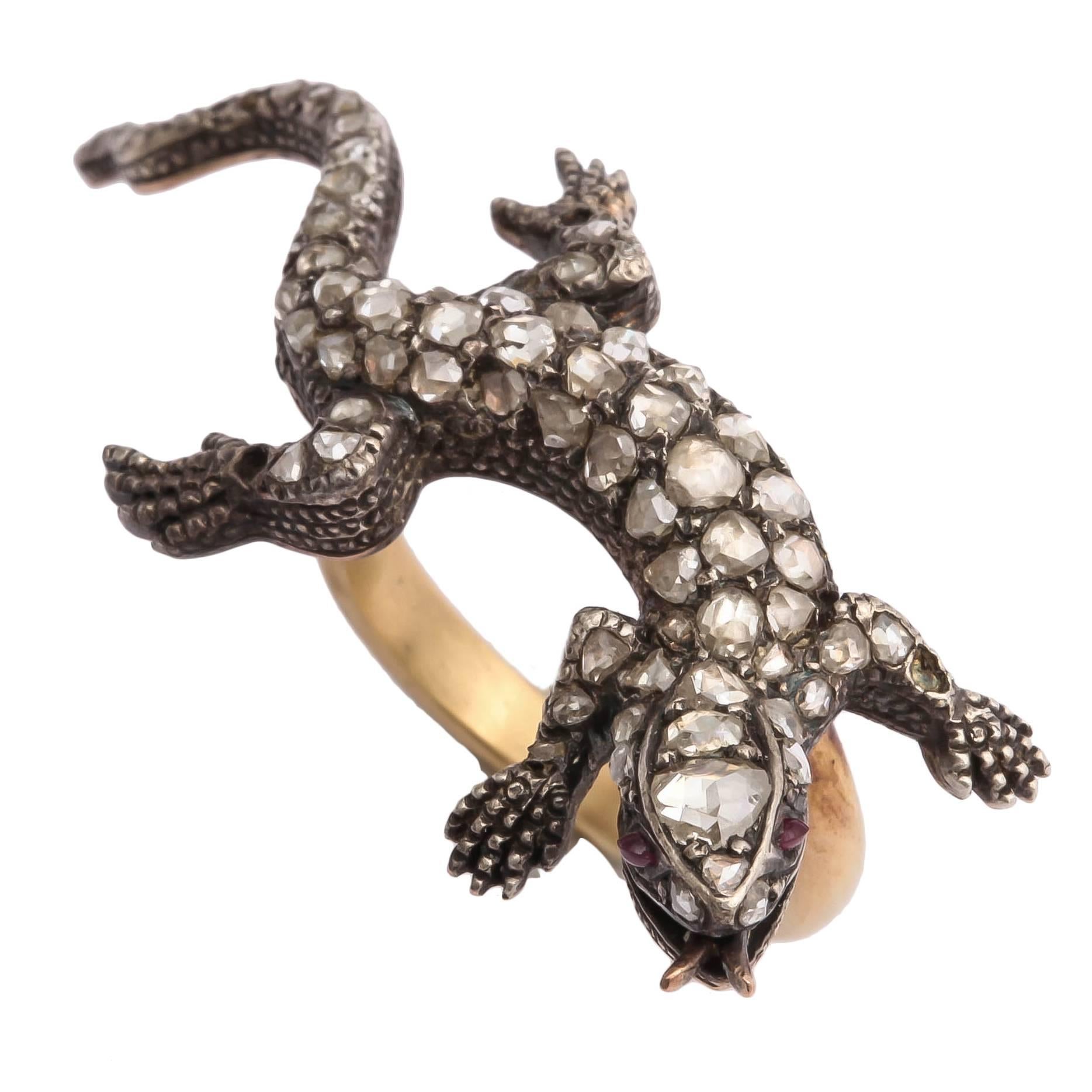 1890s Antique Diamond Gold Salamander Ring For Sale