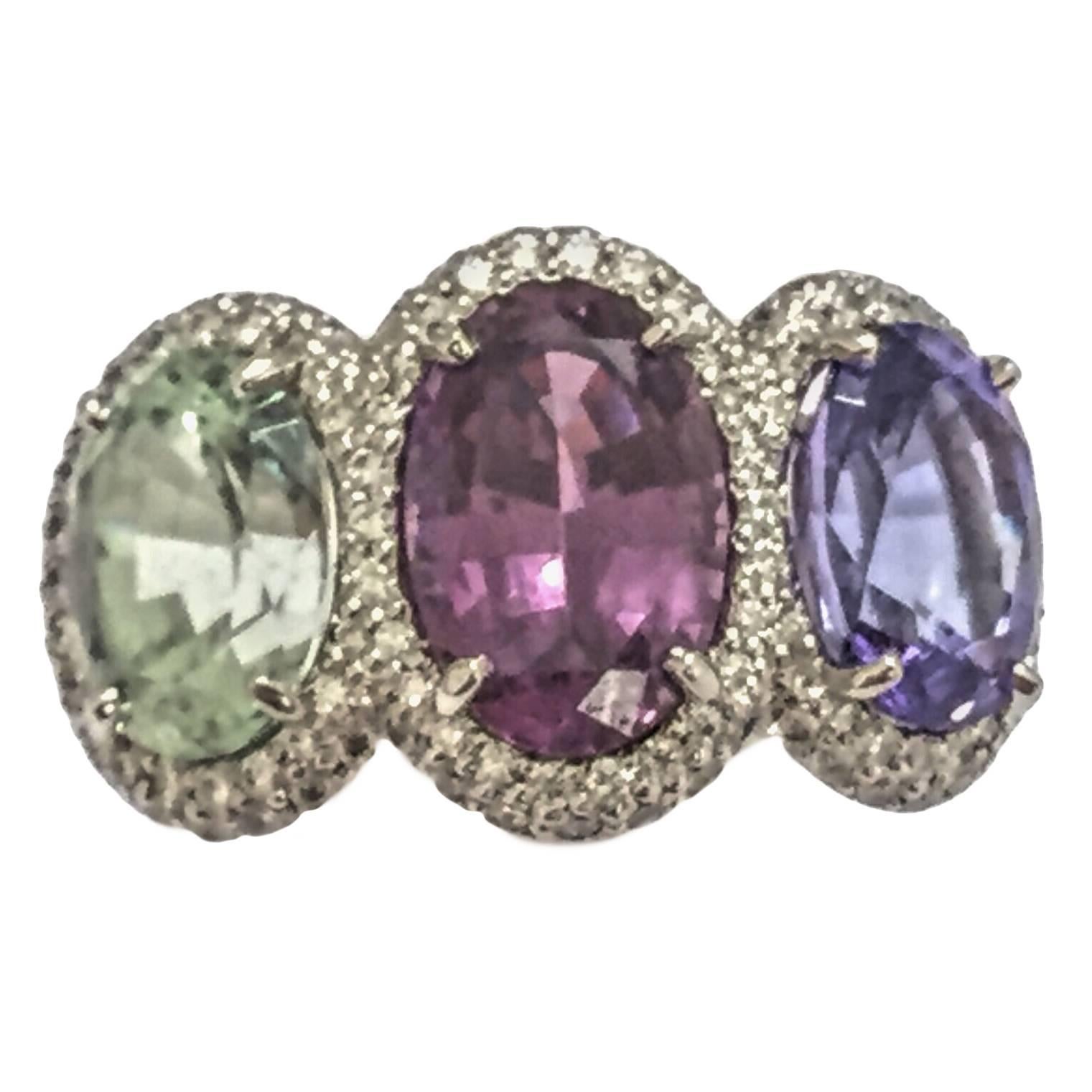 Green Garnet Spinel Tanzanite pave diamond Three Stone Ring  For Sale