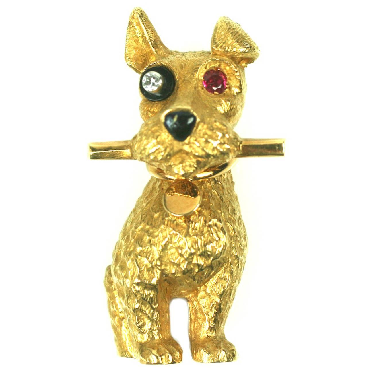 Cartier Charming Onyx Diamond Ruby Gold Terrier Clip For Sale