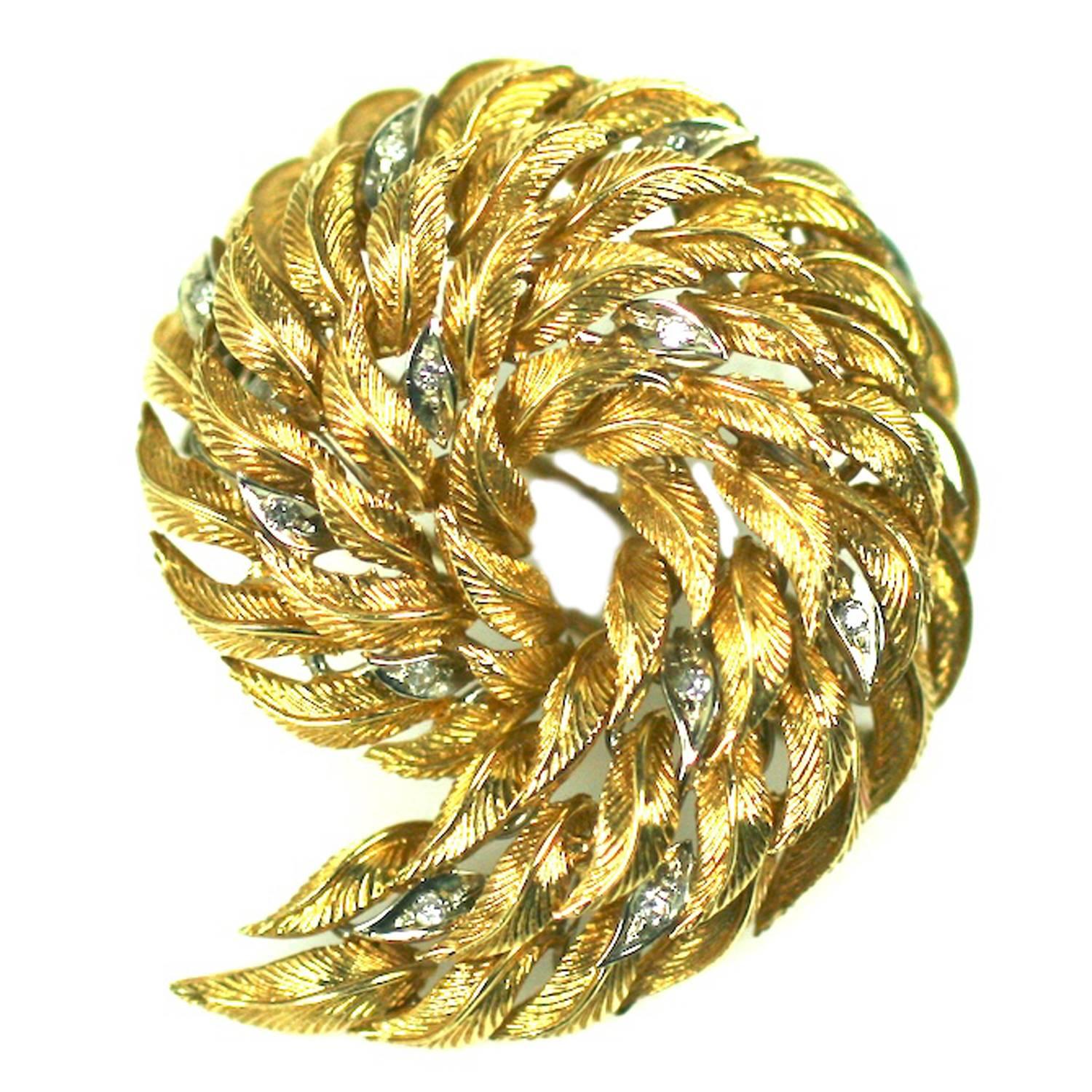 Diamond Gold Swirled Leaf Clip For Sale